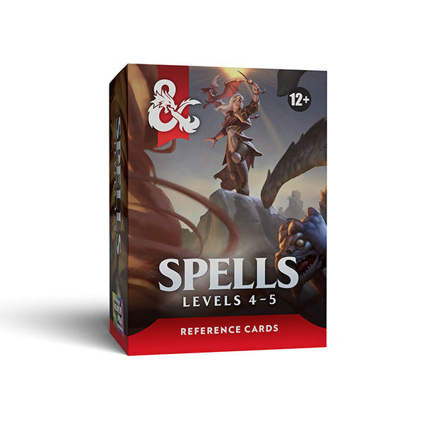 D&D 5e Reference Cards - Spells Levels 4-5 (PREORDER) - Box of D&D 5e Reference Cards for Spells Levels 4-5 featuring fantasy artwork with a warrior and dragon, red and dark color.