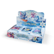 Lorcana TCG: Winterspell Booster Box - Blue and white box with colorful Disney Lorcana Winterspell trading card packs featuring animated characters and icy winter.