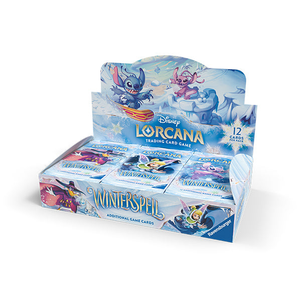 Lorcana TCG: Winterspell Booster Box - Blue and white box with colorful Disney Lorcana Winterspell trading card packs featuring animated characters and icy winter.
