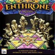 Enthrone - Enthrone board game box with stained glass design and six detailed fantasy-themed chess-like pieces in gray resin.