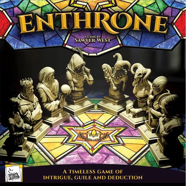 Enthrone - Enthrone board game box with stained glass design and six detailed fantasy-themed chess-like pieces in gray resin.