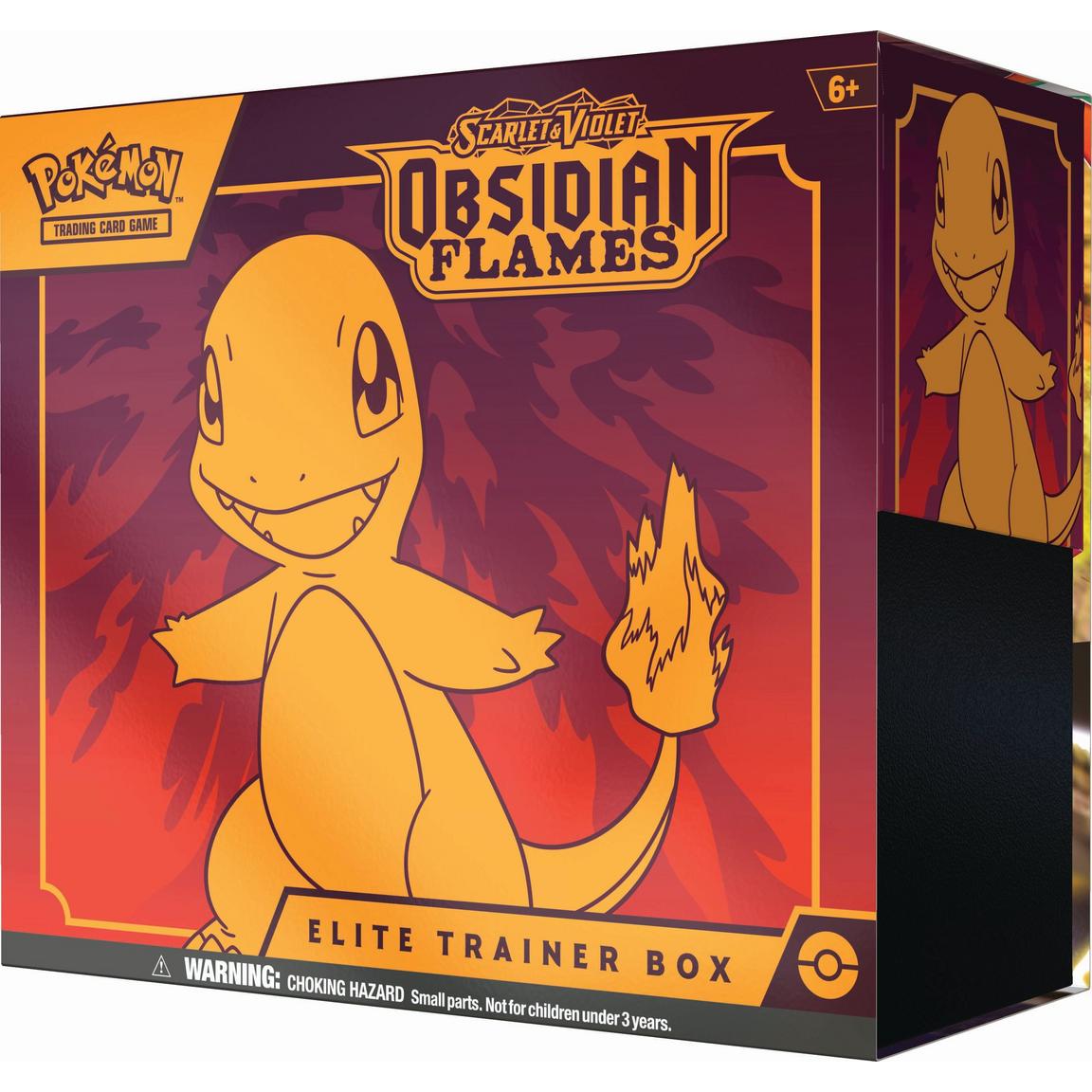 Pokémon Trading Card Game - Scarlet and Violet - Obsidian Flames Elite Trainer Box - Purple and orange Pokémon Elite Trainer Box featuring Charmander with a flaming tail and bold Obsidian Flames title.
