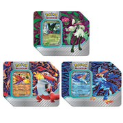 Pokemon TCG: Paldea Partners Tin - Green and purple with a white fox-like Pokemon, orange and navy with a red and grey bird-like Pokemon, and blue and navy.