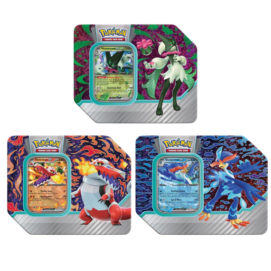 Pokemon TCG: Paldea Partners Tin - Green and purple with a white fox-like Pokemon, orange and navy with a red and grey bird-like Pokemon, and blue and navy.