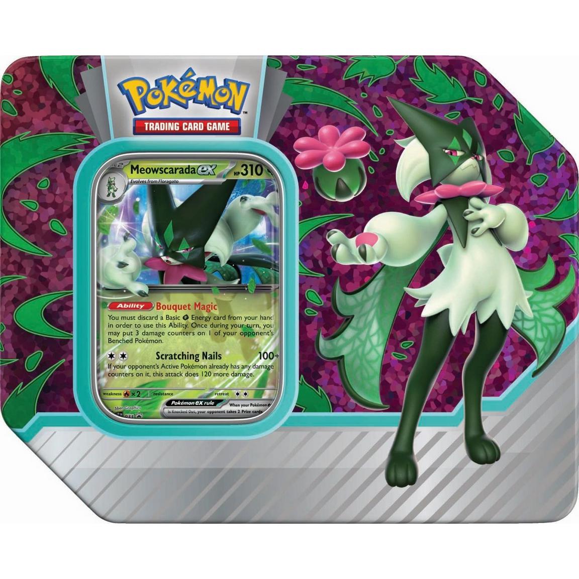 Pokemon TCG: Paldea Partners Tin - Rectangular metal tin featuring green and purple floral patterns with a large Alcremie Pokémon illustration and a visible.