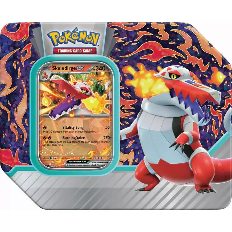 Pokemon TCG: Paldea Partners Tin - Rectangular tin featuring red, blue, and orange fire-themed graphics with a large Pokemon character and a visible Skeldernig