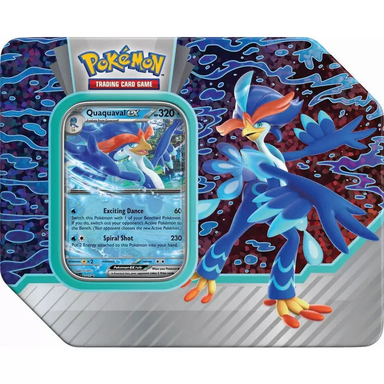 Pokemon TCG: Paldea Partners Tin - Rectangular metal tin with rounded edges featuring vibrant blue and purple water-themed artwork and a large Zacian Pokémon.