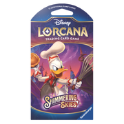 Lorcana TCG: Shimmering Skies Sleeved Booster - Blue and purple Lorcana TCG booster pack featuring Donald Duck chef character and cooking utensils design.