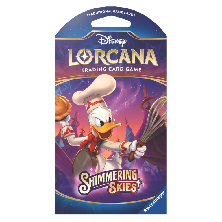Lorcana TCG: Shimmering Skies Sleeved Booster - Blue and purple Lorcana TCG booster pack featuring Donald Duck chef character and cooking utensils design.