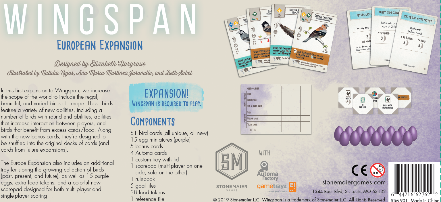 Wingspan: European Expansion - Wingspan European Expansion board game box with illustrated bird cards and detailed game instructions in soft blue tones.