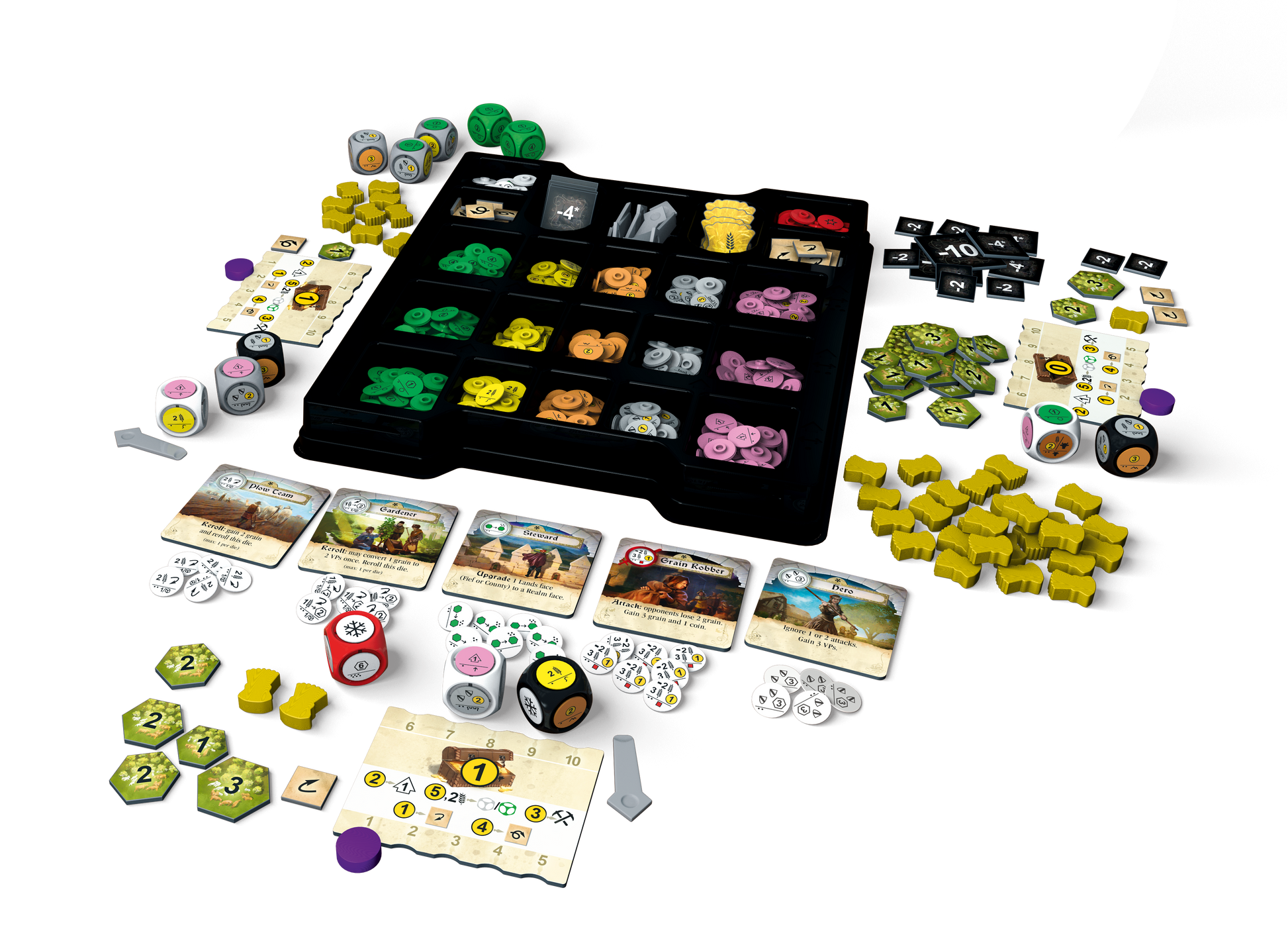 Dice Realms - Board game set with colorful tokens, dice, cards with illustrations, and a black tray organizer for pieces.