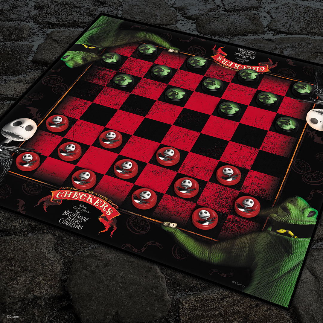Checkers: Disney Nightmare Before Christmas - Square checkers board with red and black squares featuring Nightmare Before Christmas characters on round game pieces and.