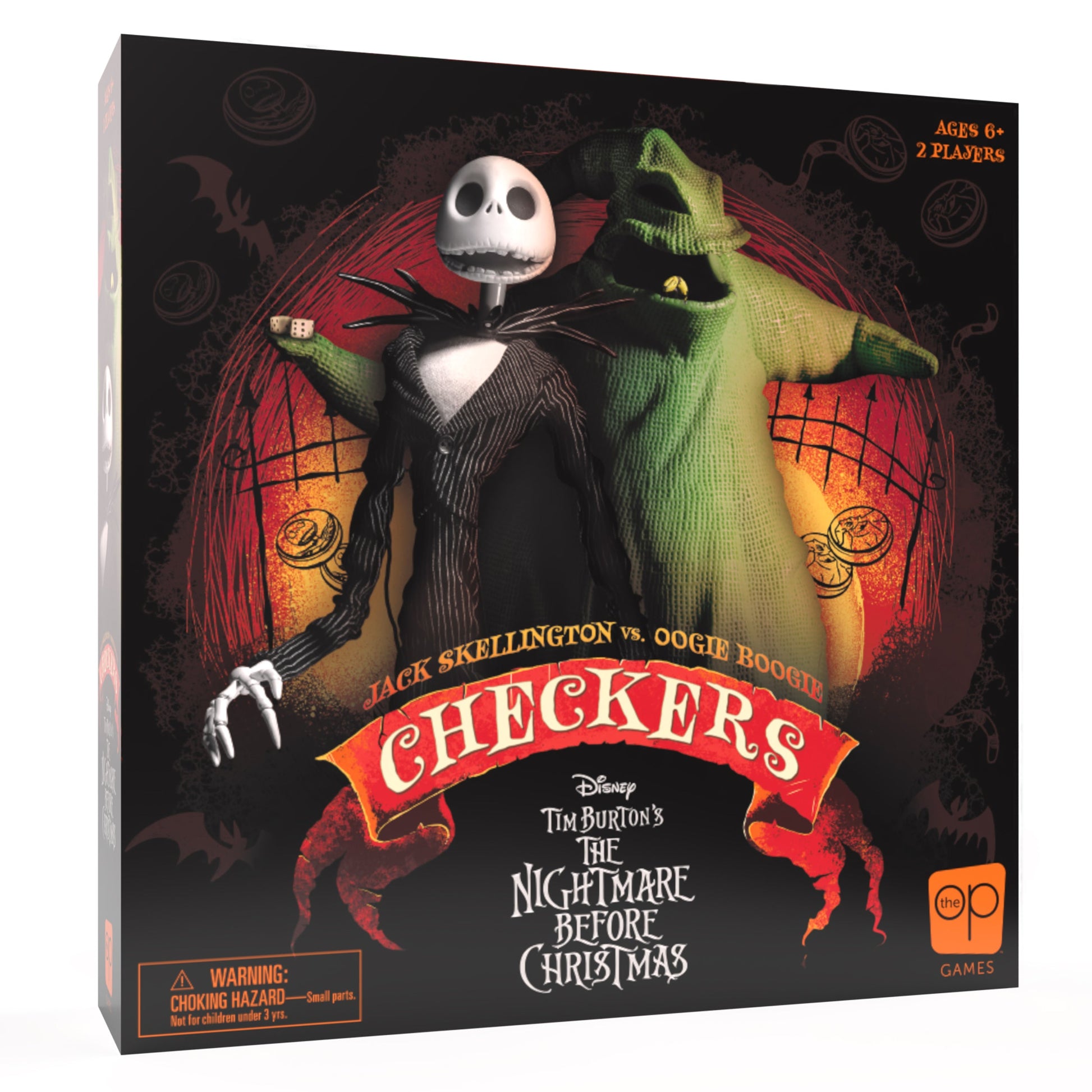 Checkers: Disney Nightmare Before Christmas - Square black box featuring Jack Skellington and Oogie Boogie from The Nightmare Before Christmas, with red Checkers banner.