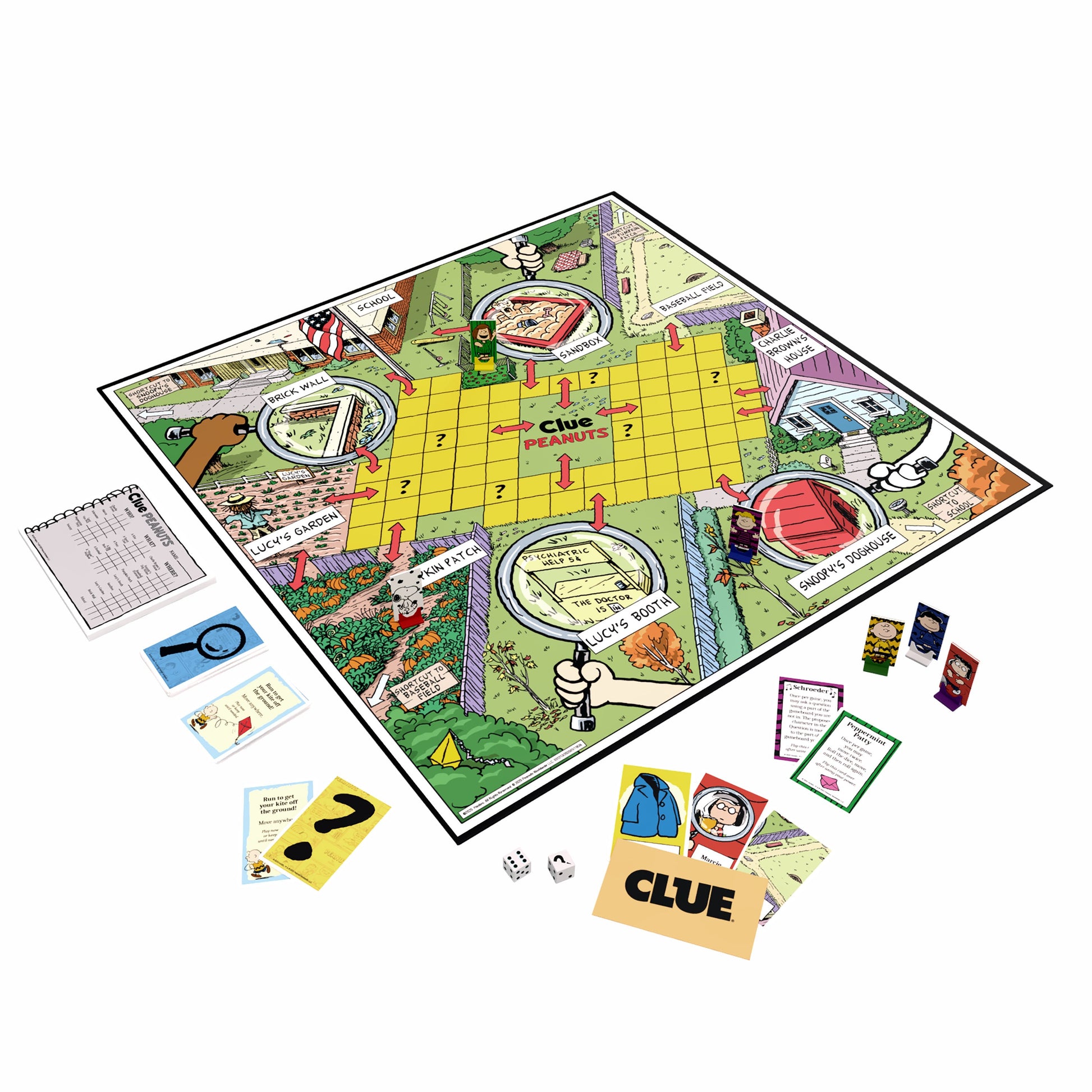 Clue: Peanuts - Colorful square Clue board game featuring Peanuts characters with game cards, tokens, dice, and clue sheet on white.