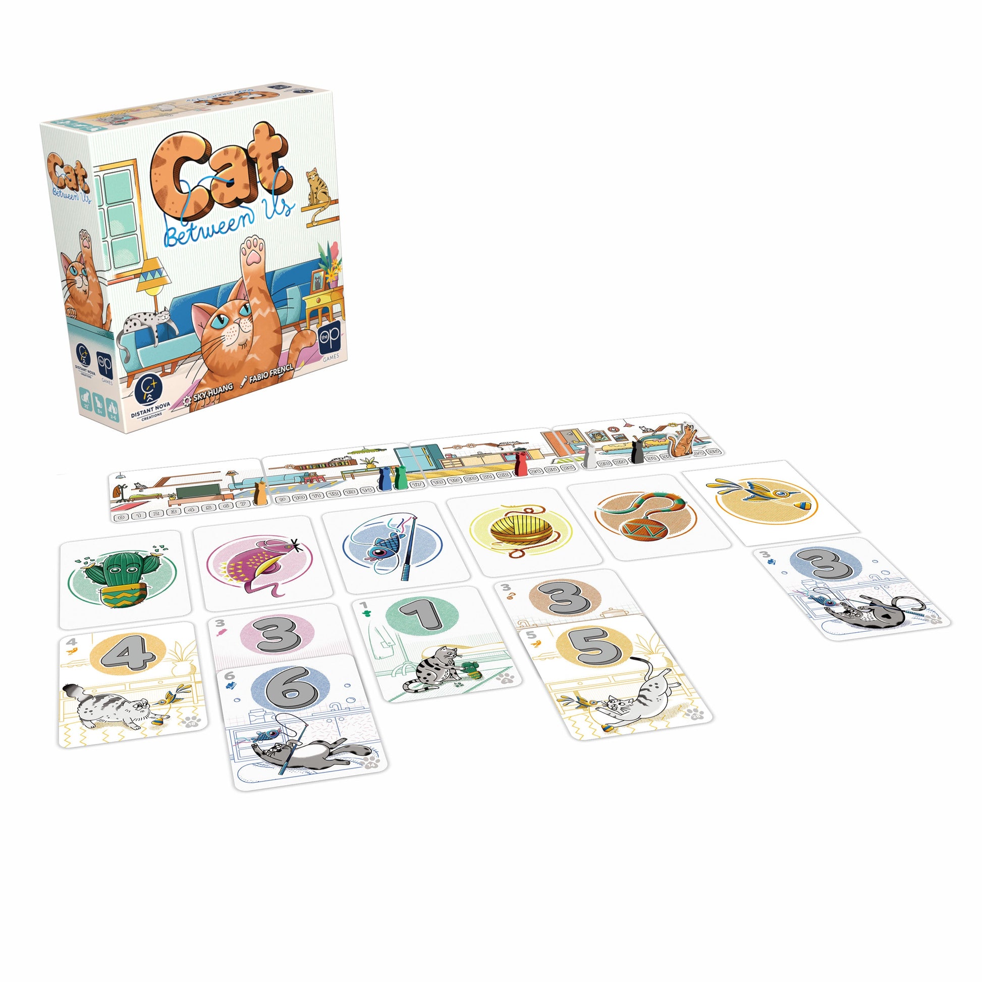 Cat Between Us - Cat Between Us family board game featuring colorful illustrated cards with various cats and playful objects on a white.