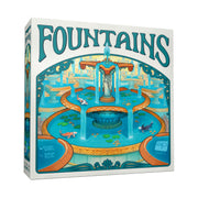 Fountains - Fountains card game box with colorful illustration of a tiered water fountain flowing into a circular pool surrounded by.
