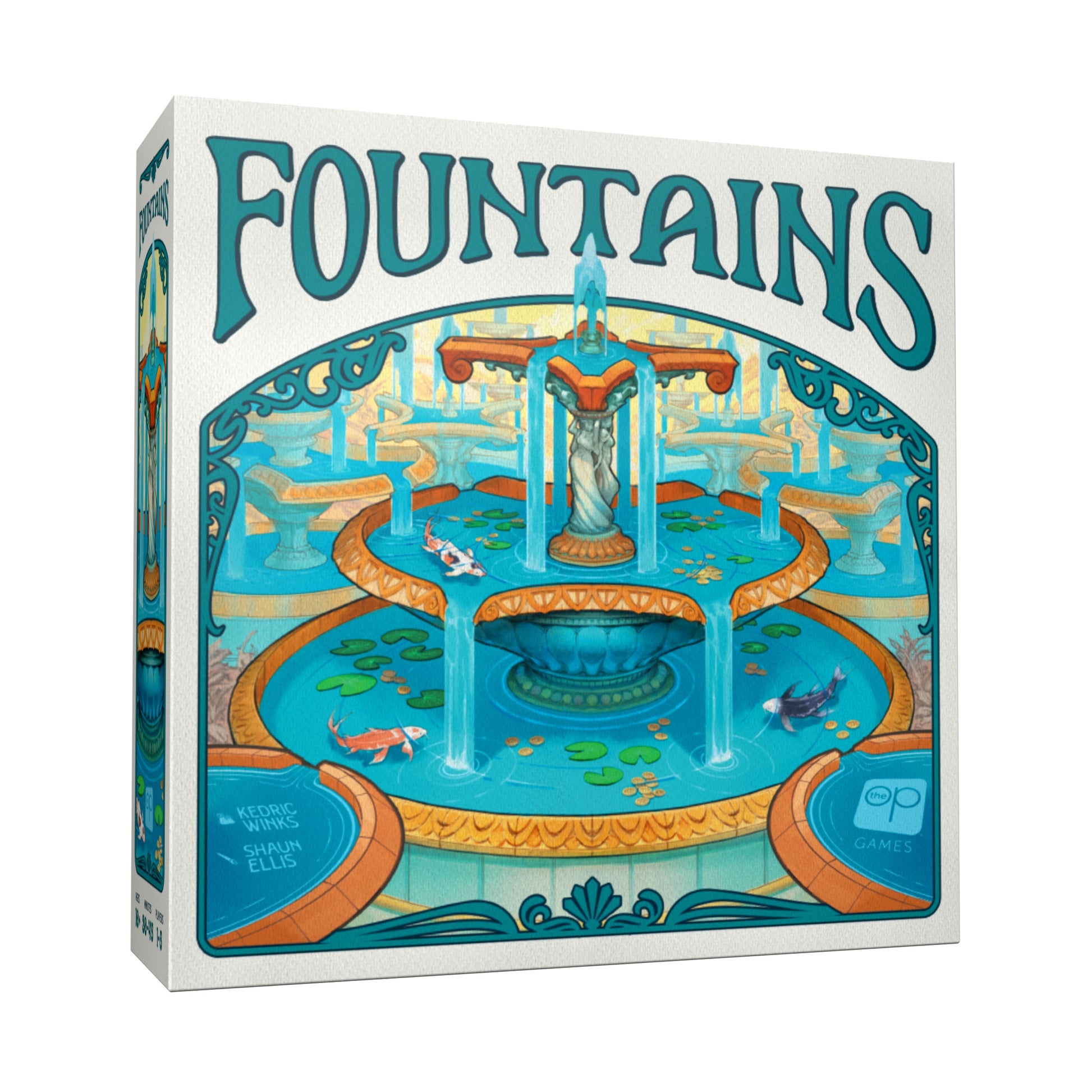 Fountains - Fountains card game box with colorful illustration of a tiered water fountain flowing into a circular pool surrounded by.