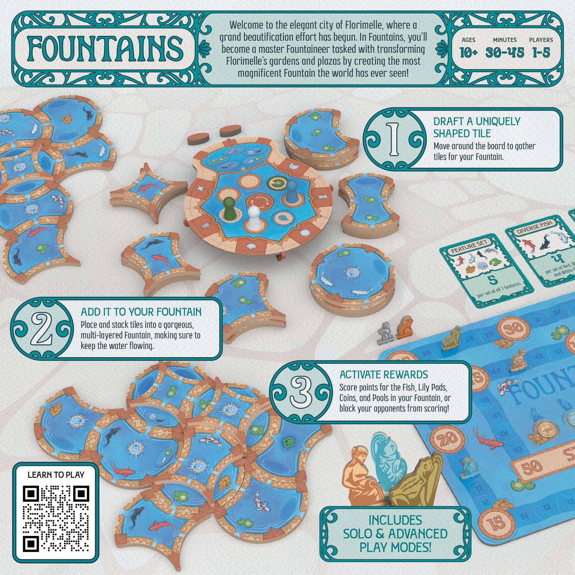 Fountains - Card game set with blue and brown fountain-shaped pieces and instructional cards on a white background.
