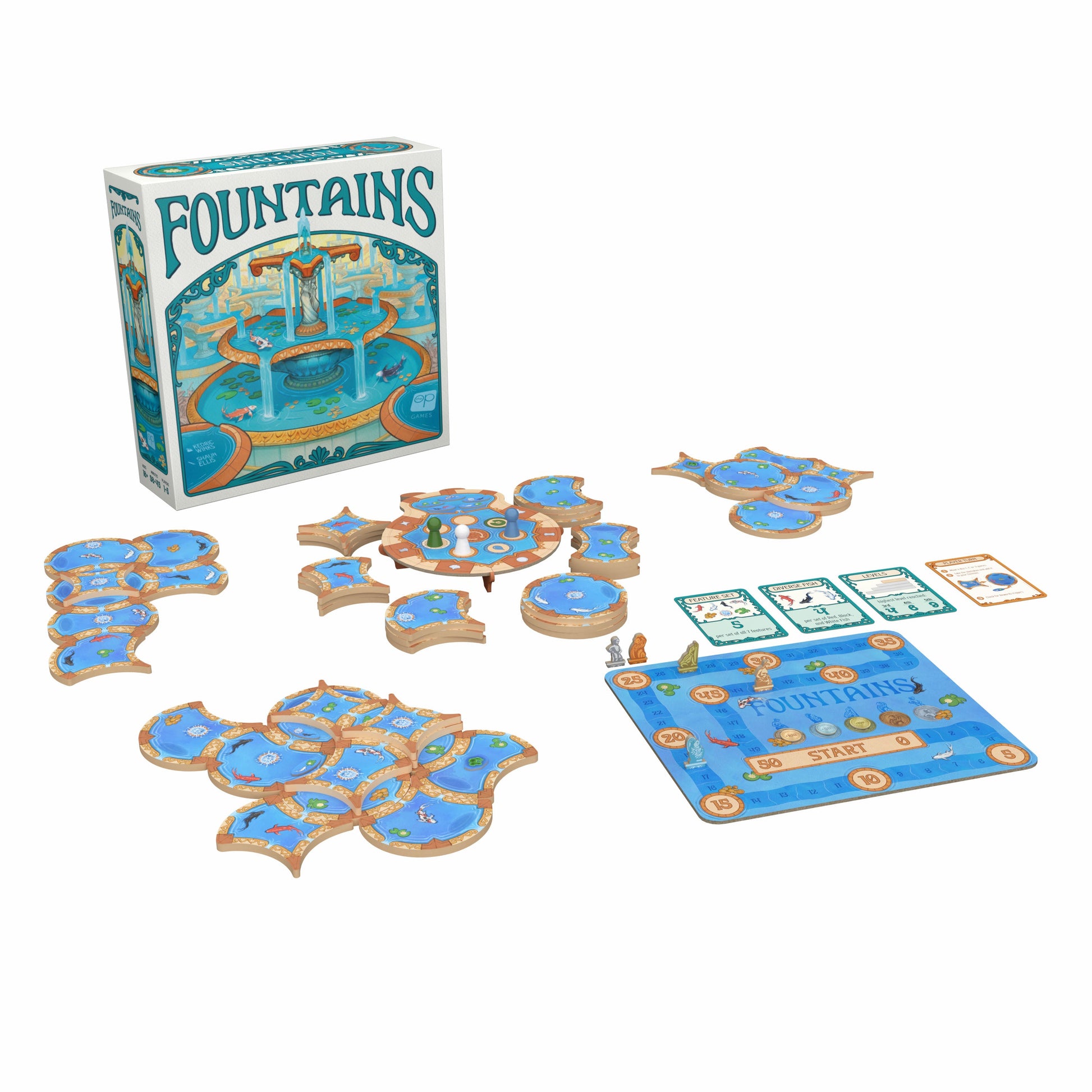 Fountains - Fountains card game with blue, teal, and tan puzzle-like pieces, cards, and a blue game board on white background.