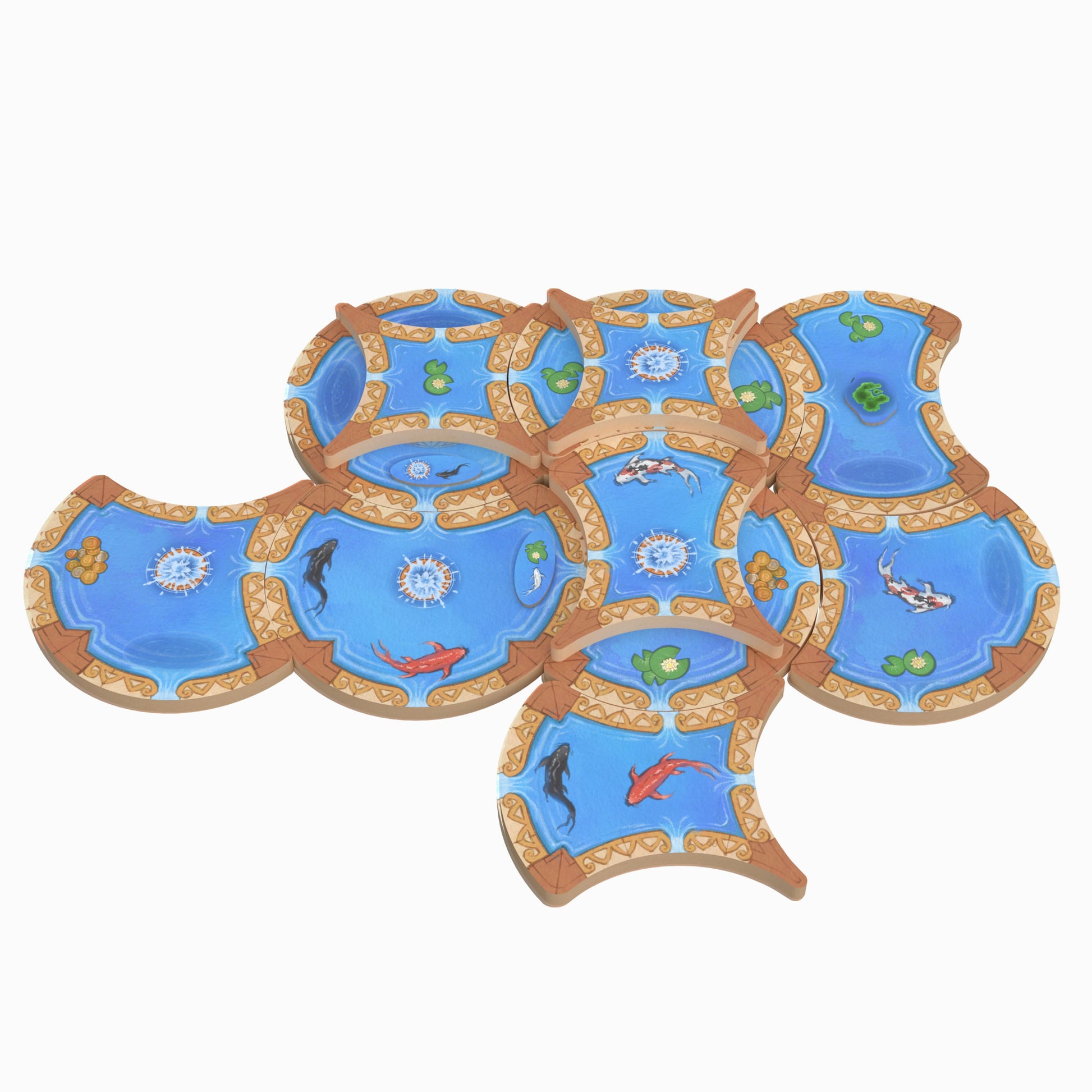 Fountains - Set of nine curved blue card game tiles with brown edges, each featuring different water-themed illustrations like fish,.