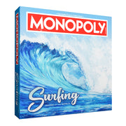 Monopoly: Surfing Edition - Monopoly Surfing Edition board game with blue ocean wave artwork and red Monopoly logo on box cover.