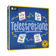 Telestrations! (2nd Edition) - Square board game box in blue with yellow edges, featuring playful white and colorful text and icons for sketch, pass,.