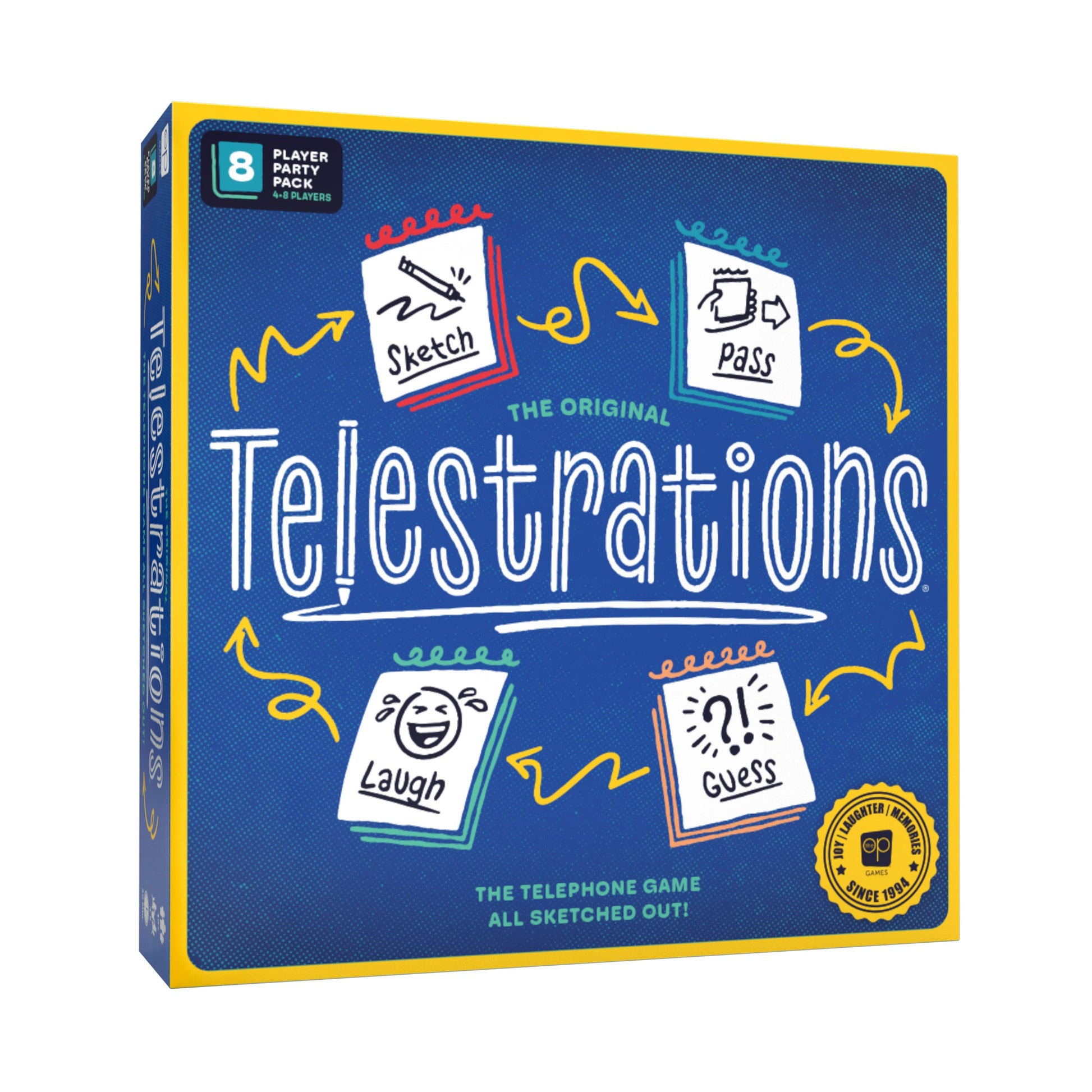 Telestrations! (2nd Edition) - Square board game box in blue with yellow edges, featuring playful white and colorful text and icons for sketch, pass,.