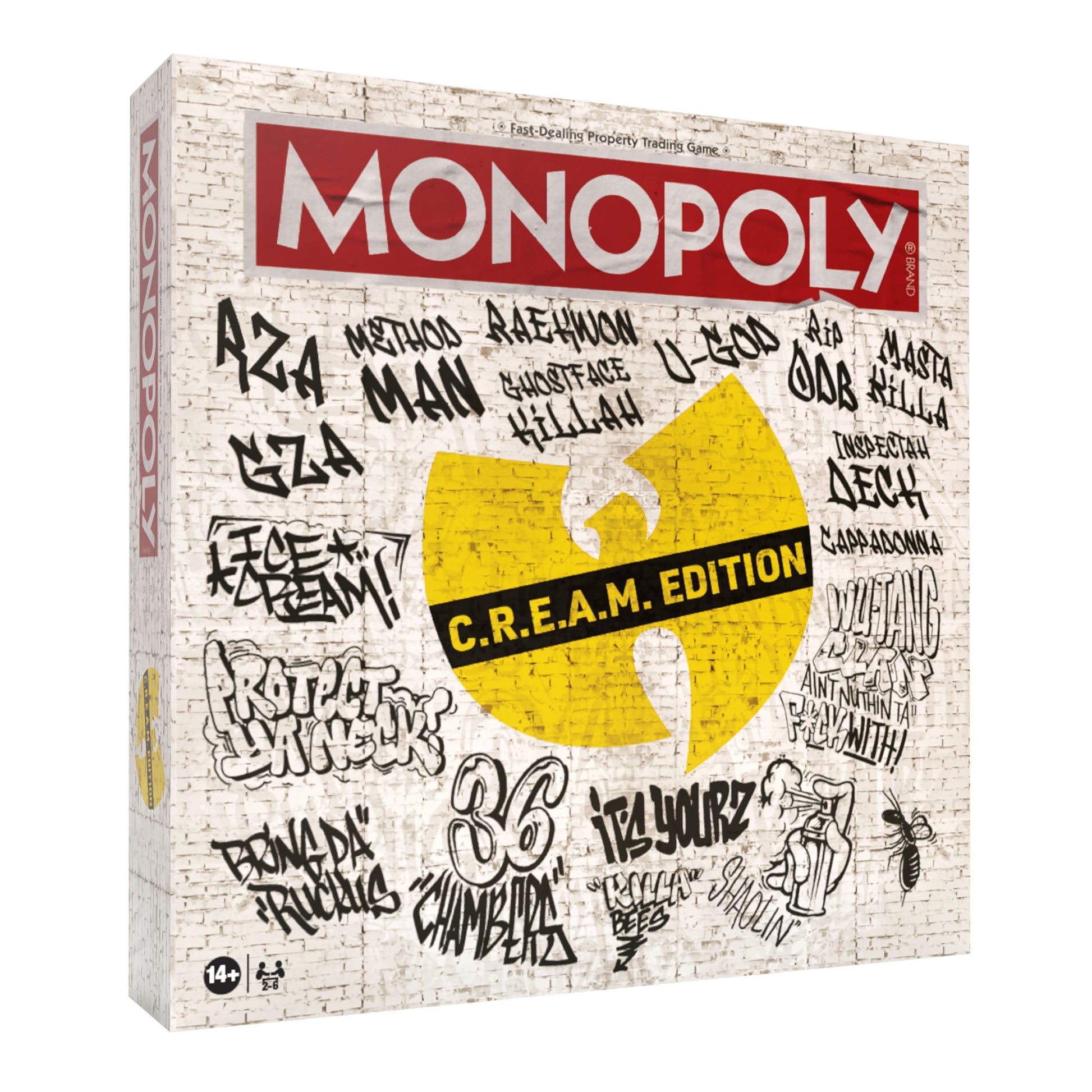 Monopoly: Wu-Tang Clan - Square Monopoly board game box in beige with black graffiti-style signatures and a large yellow Wu-Tang Clan logo in the.