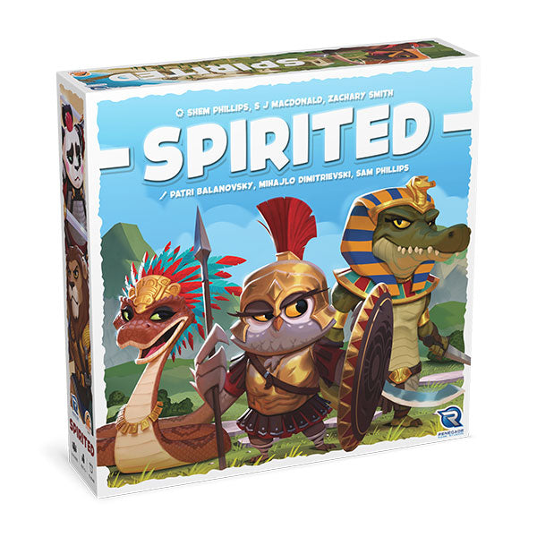 Spirited (PREORDER) - Colorful board game box featuring cartoon dinosaur warriors in tribal and armor styles against a blue sky background.