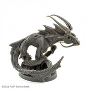 Hippocampus - Dark gray resin sculpture of a stylized seahorse with dragon-like wings and elongated tail on a round base.