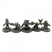 Brine Goblins (5) - Five detailed gray resin miniatures of goblin creatures in various dynamic poses on round bases.