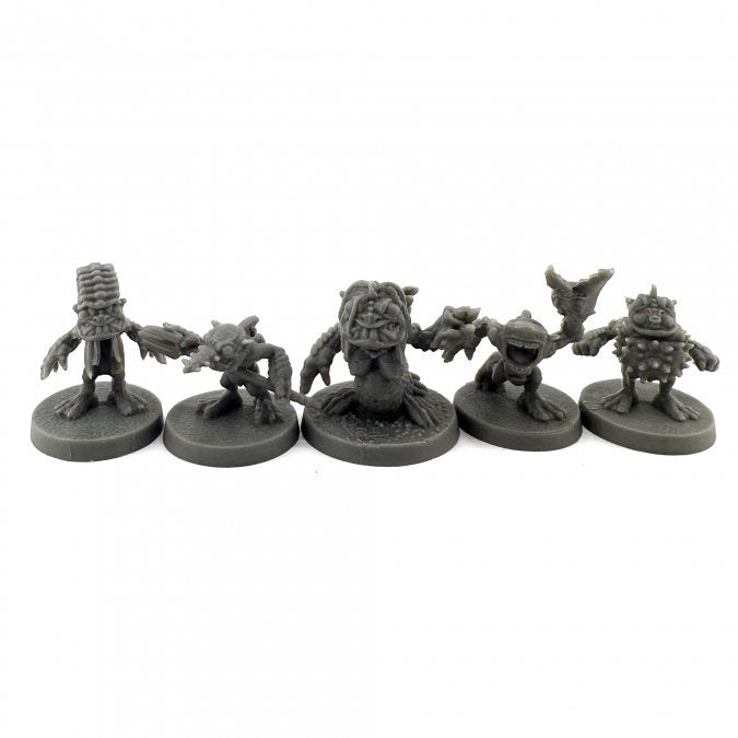Brine Goblins (5) - Five detailed gray resin miniatures of goblin creatures in various dynamic poses on round bases.