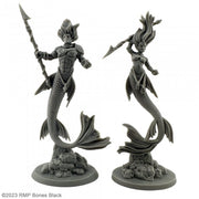 Merfolk Rangers (2) - Two detailed black resin merfolk ranger miniatures, each holding a spear with fish-like tails and scaled armor.