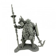 Sea Giant - Gray plastic miniature of a heavily armored giant wielding a tall spear and anchor-shaped weapon with a circular vented.