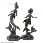 Mermaid and Siren - Two dark grey resin miniature figures of mermaids with detailed fish tails, flowing hair, and aquatic-themed bases.