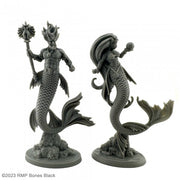 Mermaid King and Queen - Black resin mermaid king and queen miniatures with detailed scales, fins, and crowns, each on round bases.