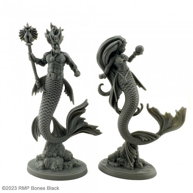 Mermaid King and Queen - Black resin mermaid king and queen miniatures with detailed scales, fins, and crowns, each on round bases.