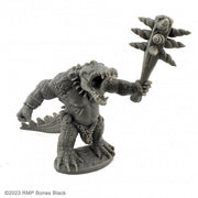 Gatorman With Large Club - Gray detailed miniature of a humanoid alligator wielding a large spiked club, standing on a textured base.