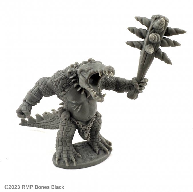Gatorman With Large Club - Gray detailed miniature of a humanoid alligator wielding a large spiked club, standing on a textured base.