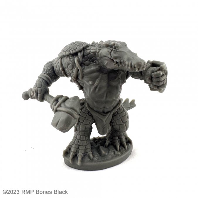 Gatorman With Axe and Buckler - Gray detailed miniature of a humanoid alligator warrior holding an axe and a round buckler shield.