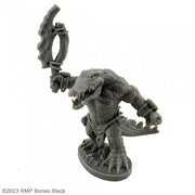 Gatorman With Large Axe - Gray detailed alligator humanoid miniature holding a large curved axe, standing on an oval base.