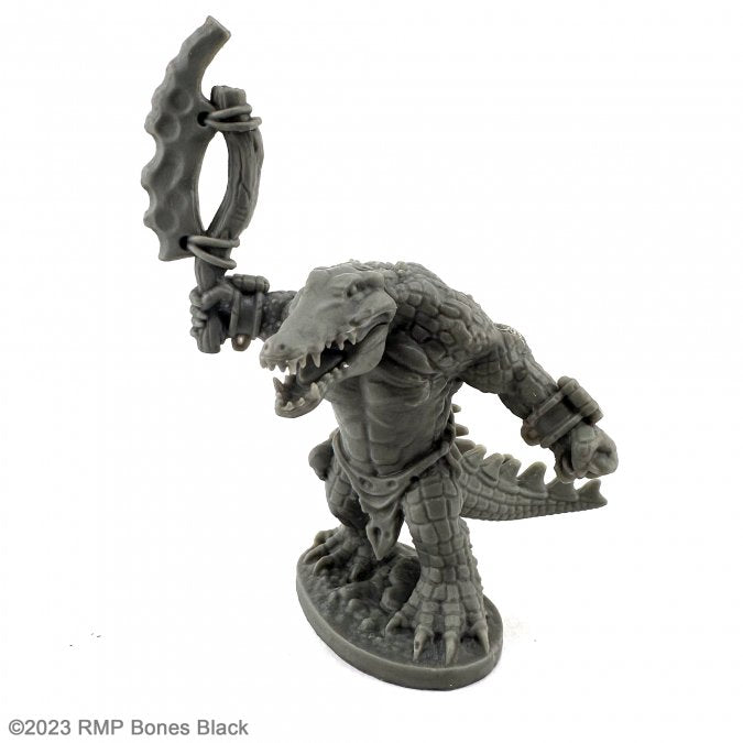 Gatorman With Large Axe - Gray detailed alligator humanoid miniature holding a large curved axe, standing on an oval base.