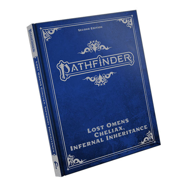 Pathfinder 2E: Lost Omens - Cheliax, Infernal Inheritance, Special Edition (PREORDER) - Blue hardcover book with silver ornate borders and text reading Pathfinder Lost Omens Cheliax Infernal Inheritance Special.