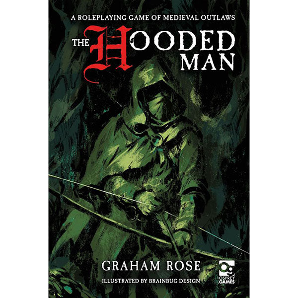 The Hooded Man (PREORDER) - Dark green hooded figure holding a bow and arrow in a shadowy forest setting on RPG cover.