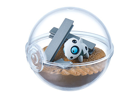 Re-Ment Pokémon Terrarium Collecion 13 Series Blind Box - Individual - Clear plastic spherical terrarium with small gray and white Pokémon figure inside on textured brown base and silver.