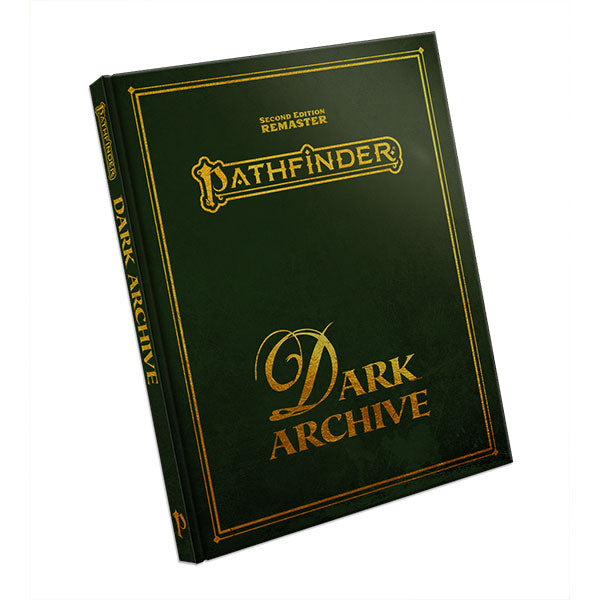 Pathfinder 2E: Dark Archive (Remastered), Special Edition - Dark green hardcover book with gold embossed title "Pathfinder Dark Archive" and decorative border, special edition.