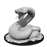D&D Nolzur's Marvelous Minis: Giant Constrictor Snake - Unpainted gray resin miniature of a coiled giant constrictor snake with an open mouth and flicking tongue on a round base.