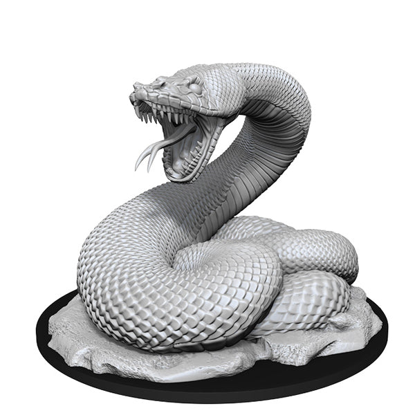 D&D Nolzur's Marvelous Minis: Giant Constrictor Snake - Unpainted gray resin miniature of a coiled giant constrictor snake with an open mouth and flicking tongue on a round base.