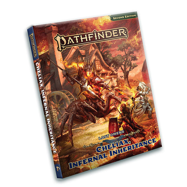 Pathfinder 2E: Lost Omens - Cheliax, Infernal Inheritance (PREORDER) - Pathfinder RPG book with fiery red and orange cover depicting a warrior fighting a demonic creature in a dark fantasy.
