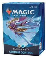 Challenger Deck 2021: Azorius Control - Blue rectangular box featuring Magic The Gathering logo and artwork of a winged armored figure, labeled Azorius Control.